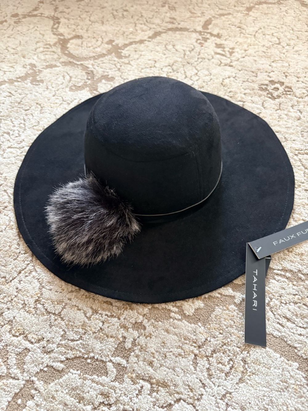 NWT Tahari Black Wide-Brim Wool Hat with Faux Fur Pom